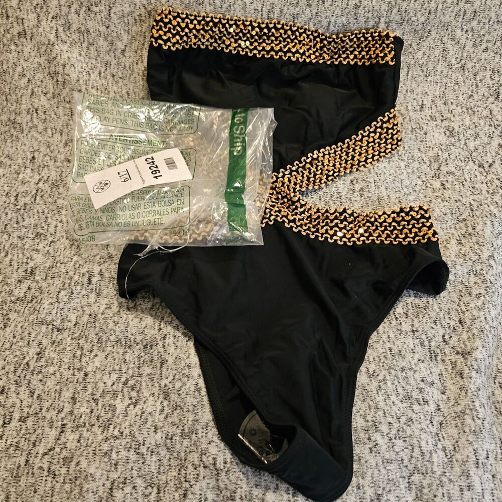 New Women's Small Stitch Cut Out One Piece Swimsuit Black & Gold Swimwear - Picture 4 of 5